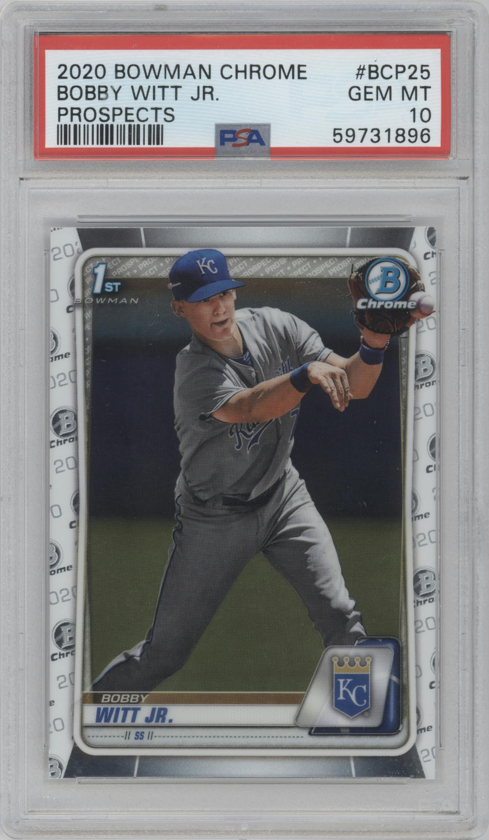 Bobby Witt Jr. from the 2020 Bowman set graded by PSA and given an overall grade of 10.