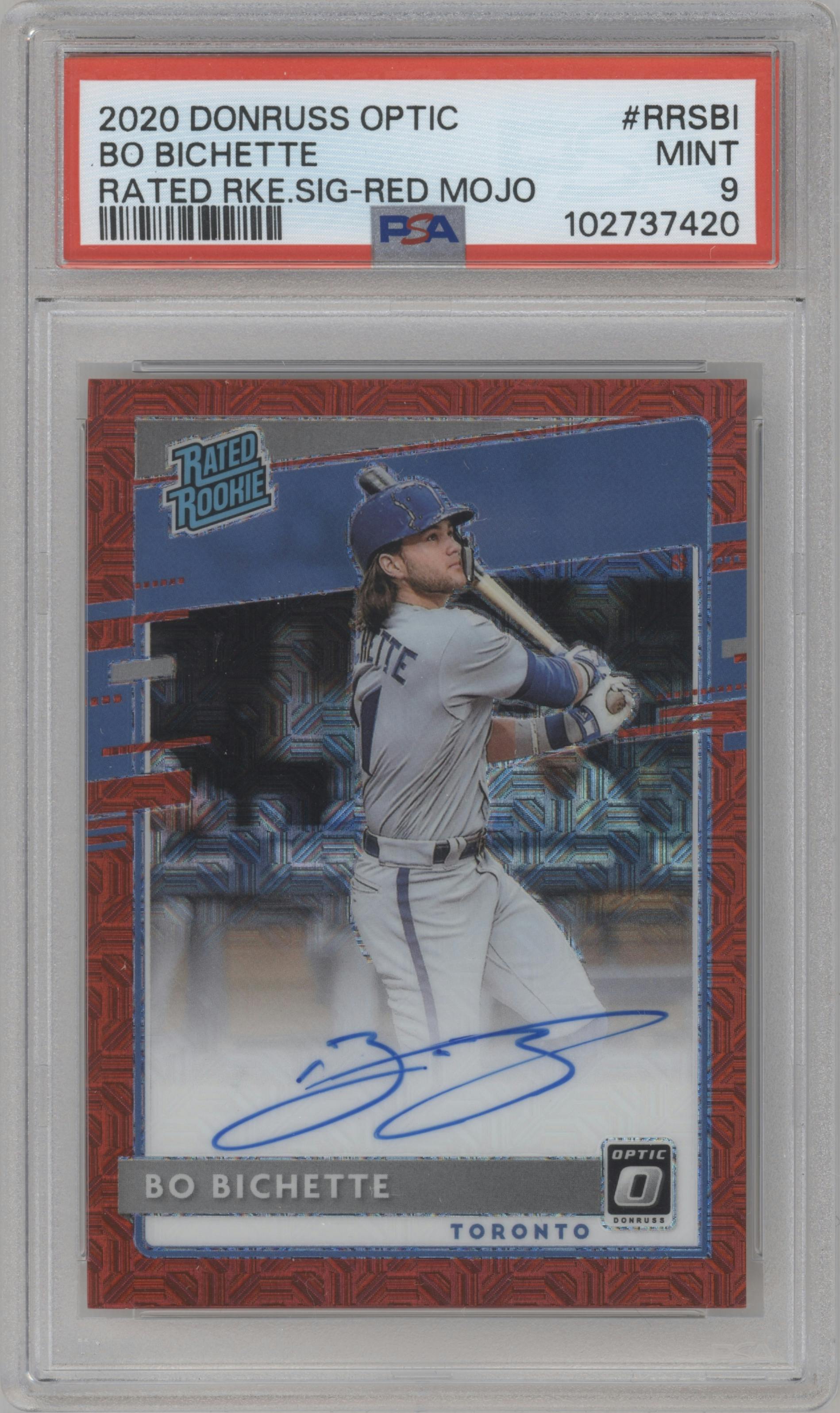Bo Bichette from the 2020 Panini Donruss Optic set featuring a Red Mojo parallel graded by PSA and given an overall grade of 9.