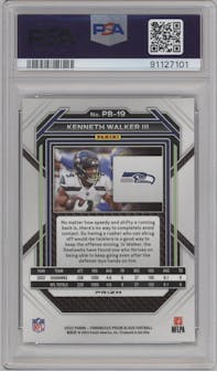 Kenneth Walker III from the 2022 Panini Chronicles set featuring a Silver parallel graded by PSA and given an overall grade of 10.
