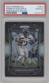 Kenneth Walker III from the 2022 Panini Chronicles set featuring a Silver parallel graded by PSA and given an overall grade of 10.