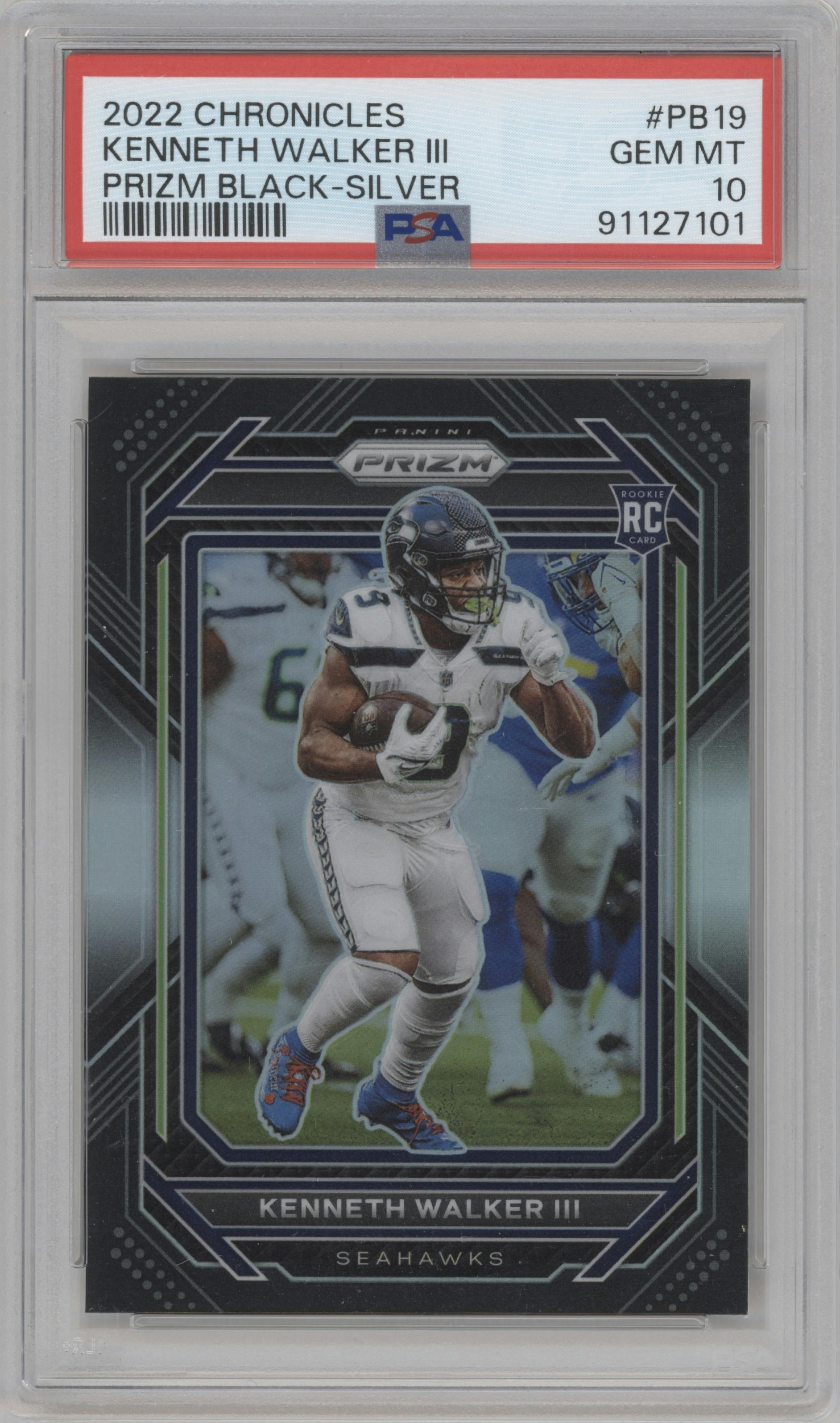 Kenneth Walker III from the 2022 Panini Chronicles set featuring a Silver parallel graded by PSA and given an overall grade of 10.
