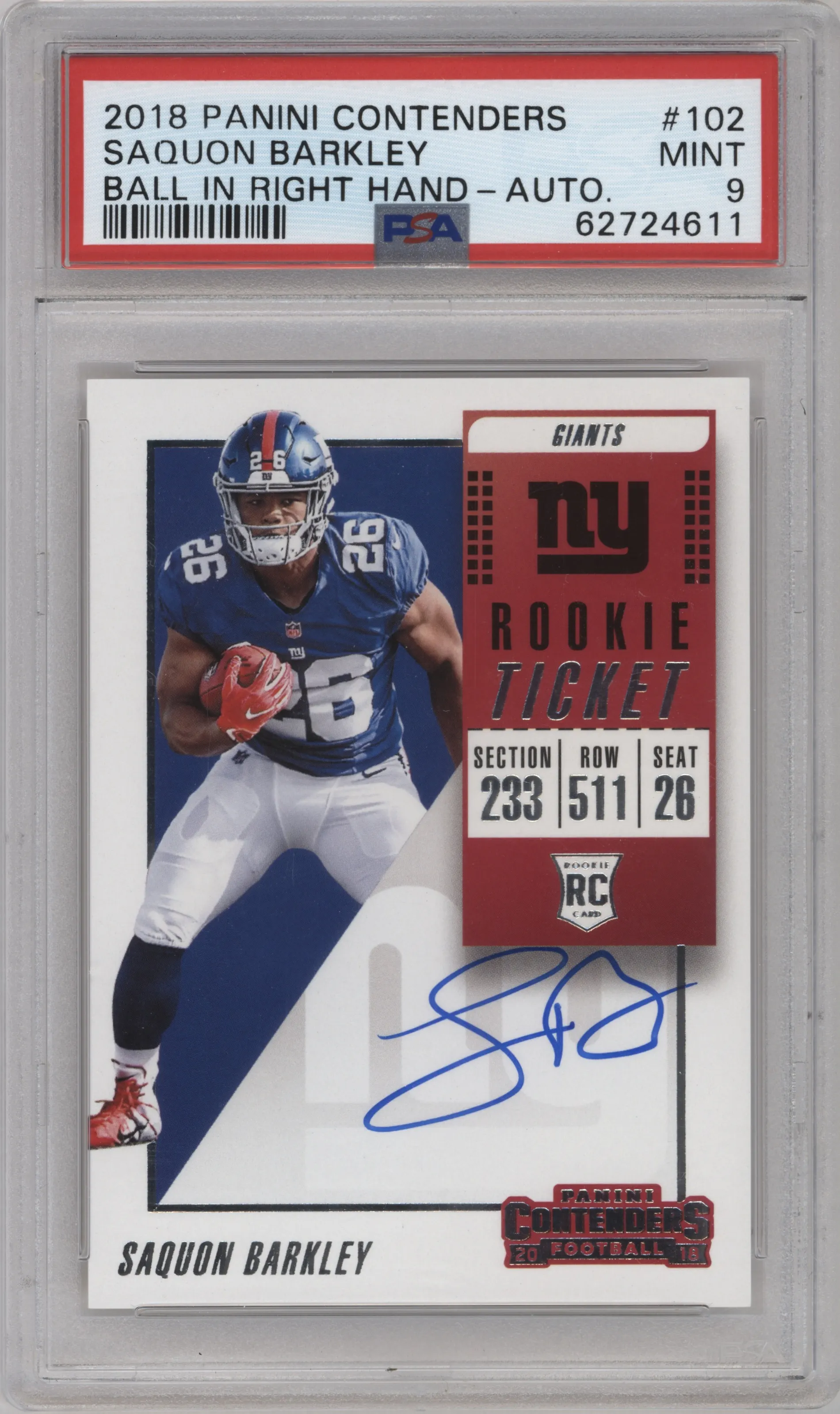 2018 Panini Contenders Rke.Tkt.RPS Auto Saquon Barkley #102 PSA 9