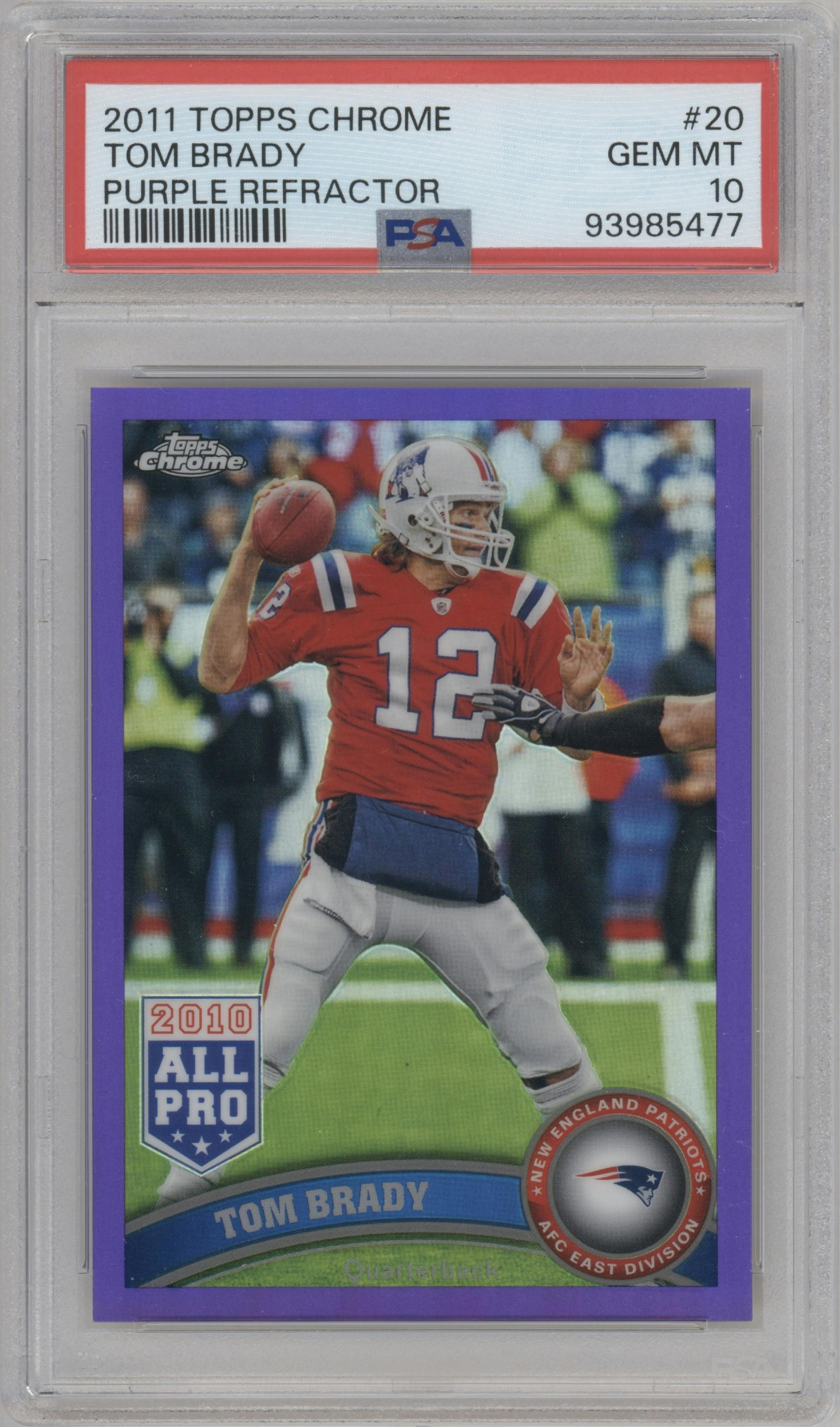  Tom Brady  from the 2011 Topps Chrome set featuring a Purple Refractor parallel graded by PSA and given an overall grade of 10.
