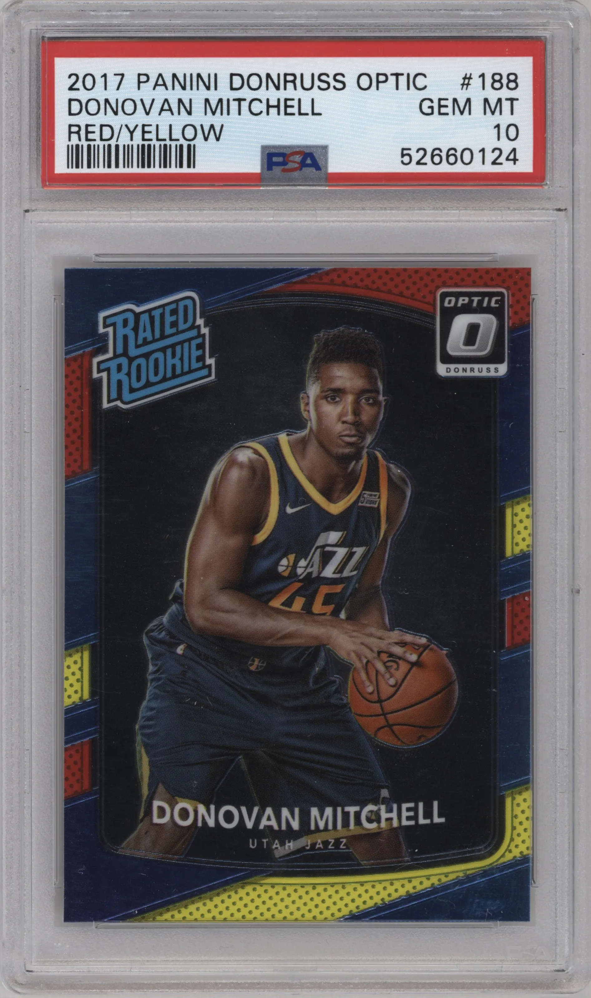 2017 Panini Donruss Optic Rated Rookie Donovan Mitchell Red/Yellow PSA 10