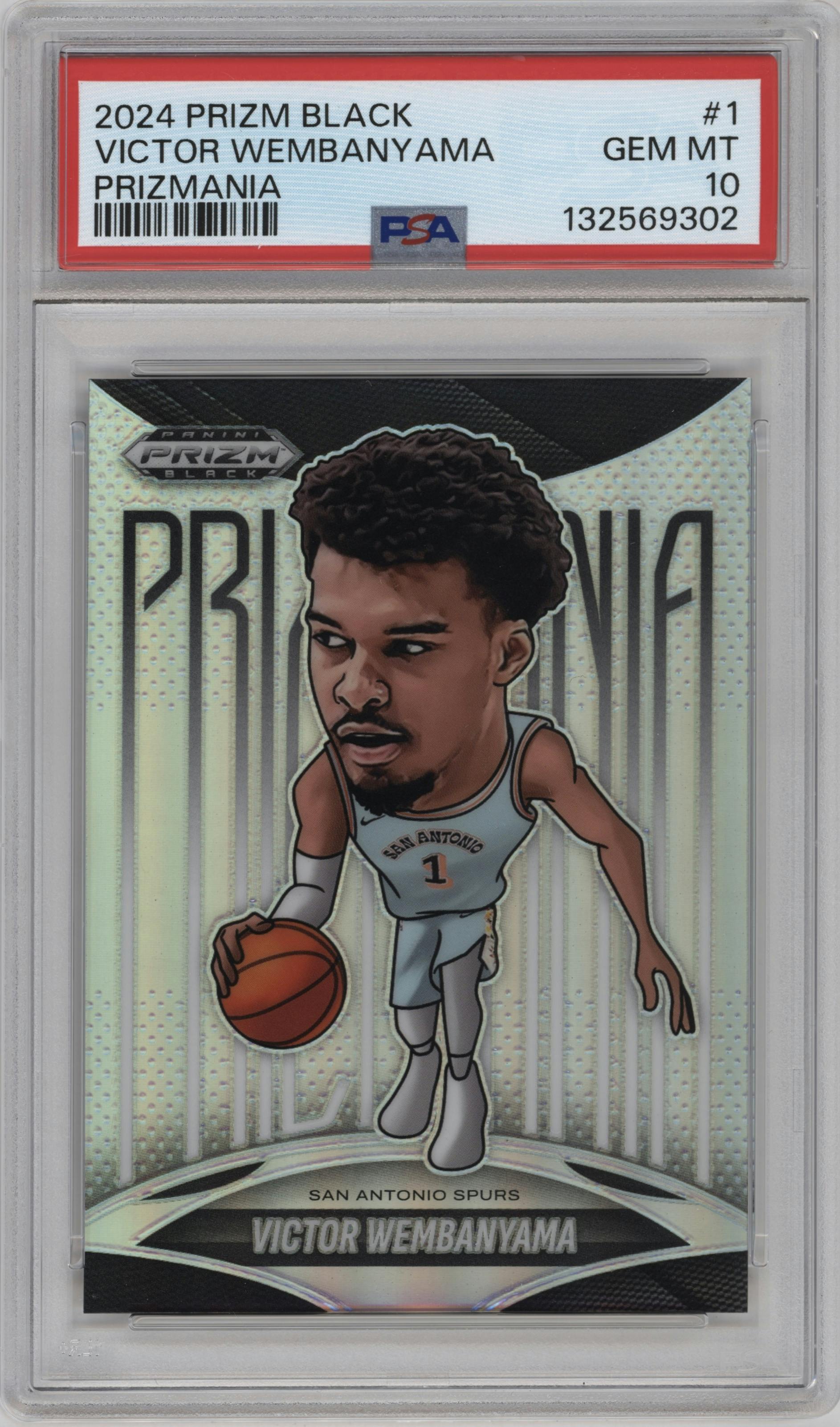 Victor Wembanyama from the 2024-25 Panini Prizm Black set graded by PSA and given an overall grade of 10.