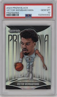 Victor Wembanyama from the 2024-25 Panini Prizm Black set graded by PSA and given an overall grade of 10.