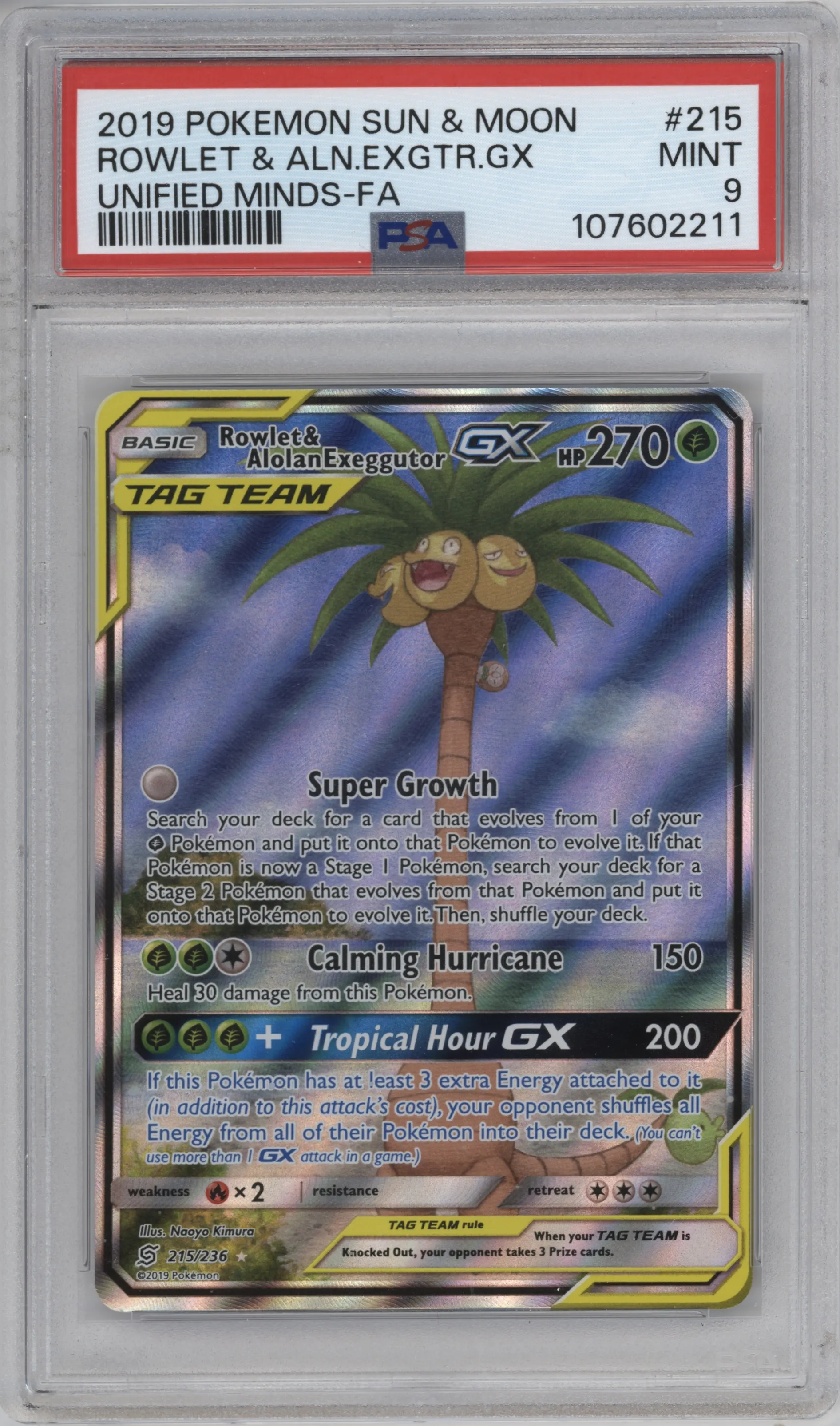 2019 Pokemon S&M Unified Minds Rowlet/Alolan Exeggutor GX PSA 9