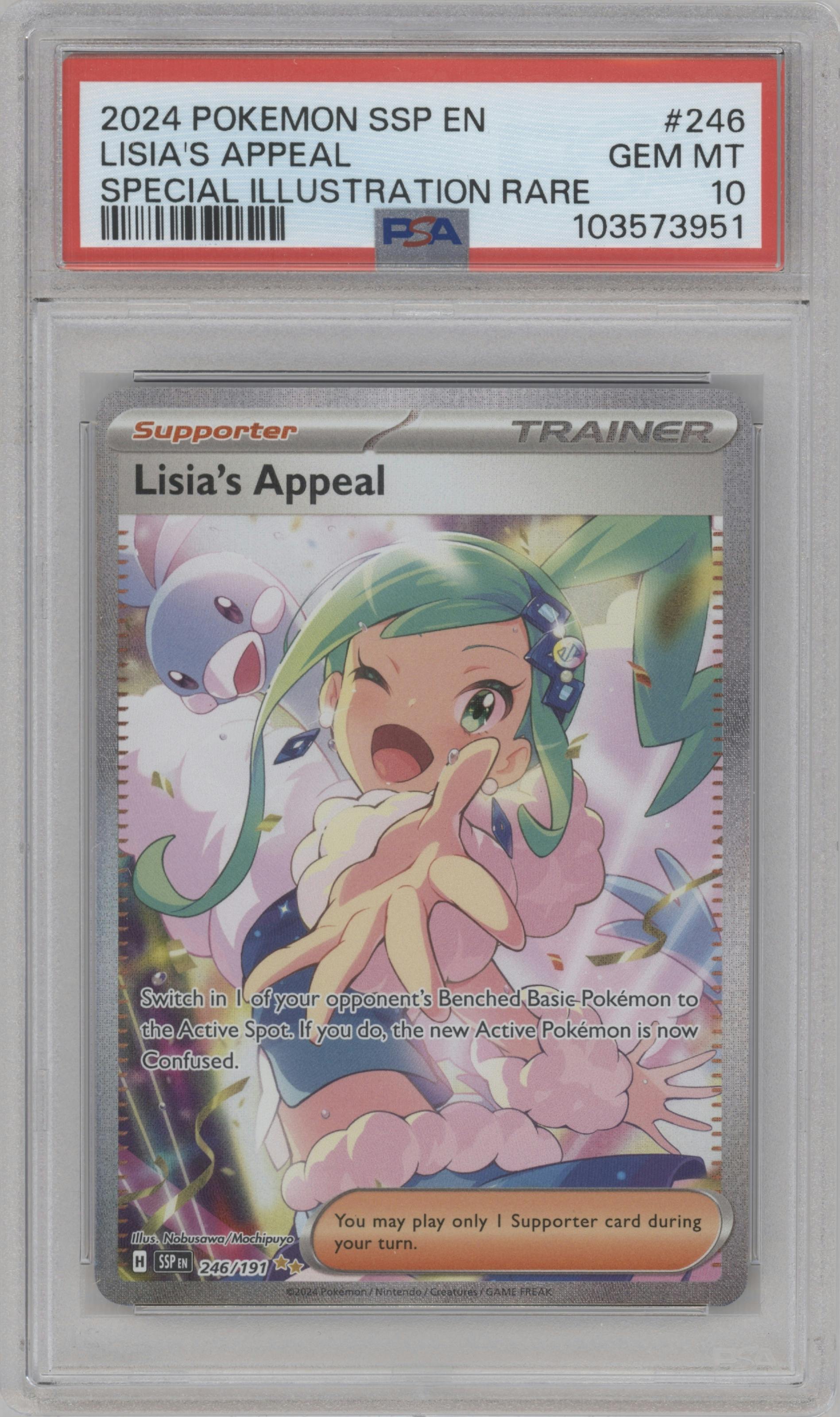 Lisia's Appeal from the 2024 Pokemon SV set graded by PSA and given an overall grade of 10.