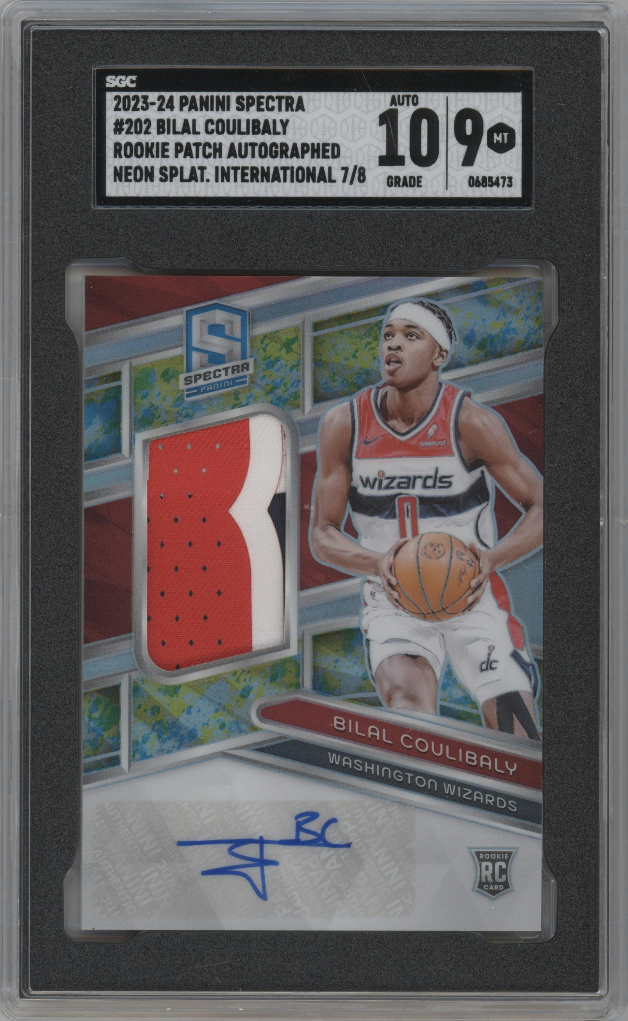Bilal Coulibaly from the 2023-24 Panini Spectra set featuring a Neon Splatter International parallel graded by SGC and given an overall grade of 9.