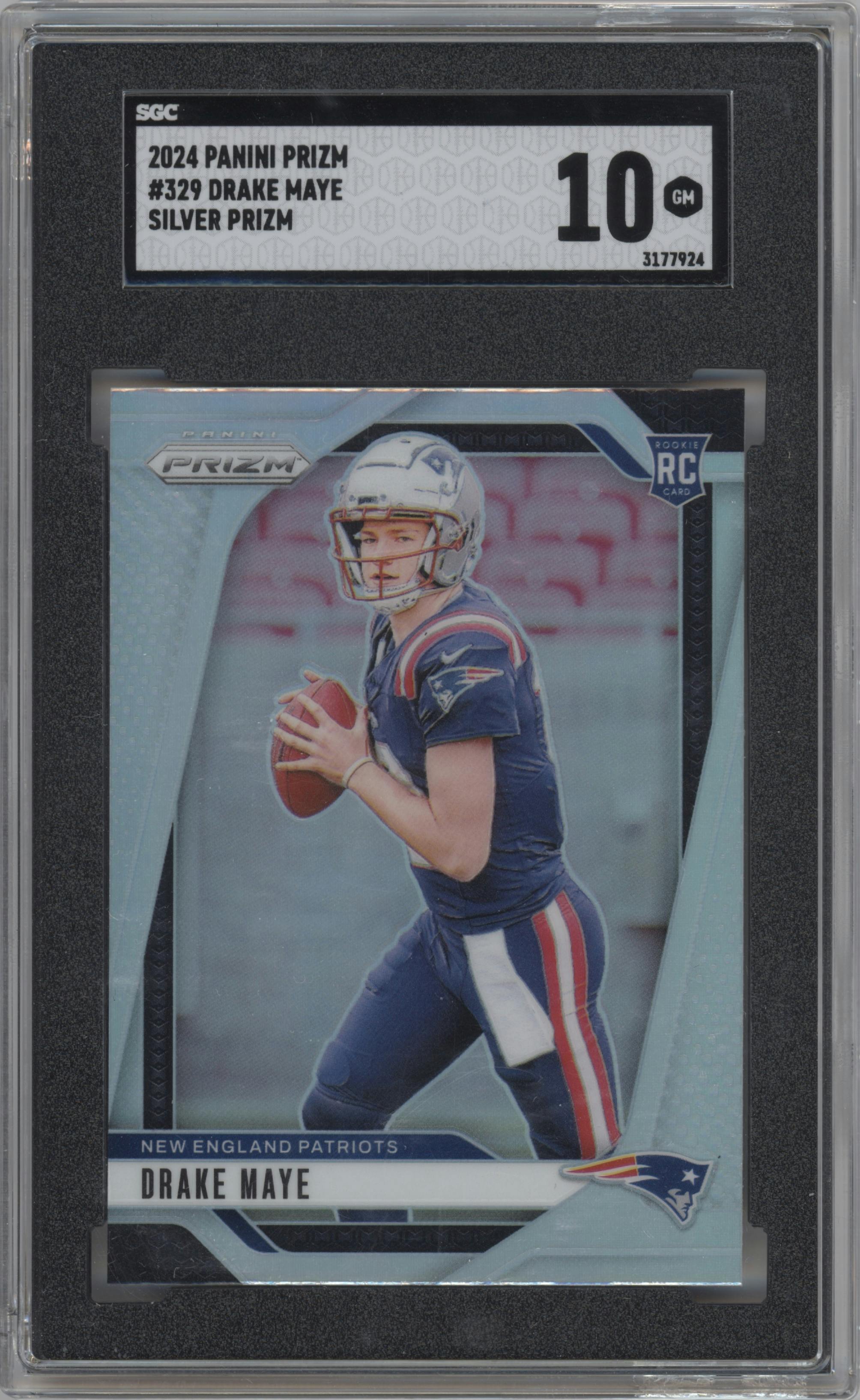 Drake Maye from the 2024 Panini Prizm set featuring a Silver Prizm parallel graded by SGC and given an overall grade of 10.