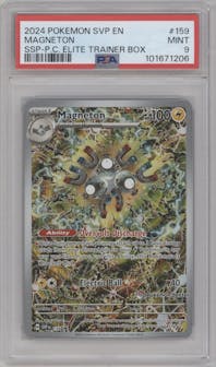 Magneton from the 2024 Pokemon SV set featuring a Surging Sparks Elite Trainer boxes parallel graded by PSA and given an overall grade of 9.