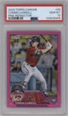 Corbin Carroll from the 2023 Topps Chrome set featuring a Pink Refractor parallel graded by PSA and given an overall grade of 10.