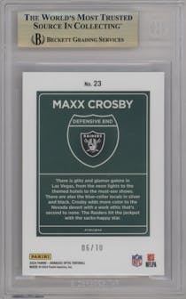Maxx Crosby from the 2024 Donruss Optic set featuring a Gold parallel graded by Beckett and given an overall grade of 9.5.