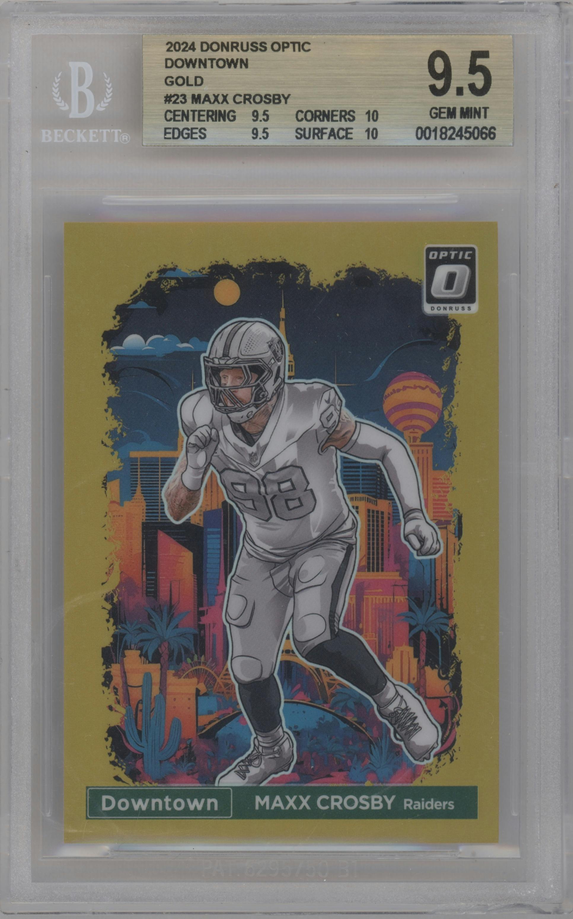 Maxx Crosby from the 2024 Donruss Optic set featuring a Gold parallel graded by Beckett and given an overall grade of 9.5.