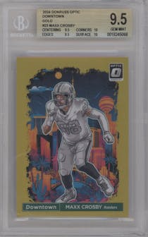 Maxx Crosby from the 2024 Donruss Optic set featuring a Gold parallel graded by Beckett and given an overall grade of 9.5.