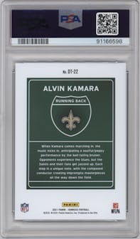 Alvin Kamara from the 2021 Panini Donruss set graded by PSA and given an overall grade of 10.