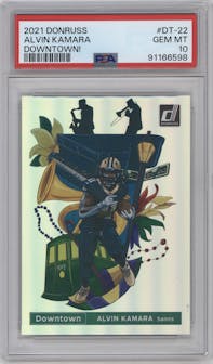Alvin Kamara from the 2021 Panini Donruss set graded by PSA and given an overall grade of 10.