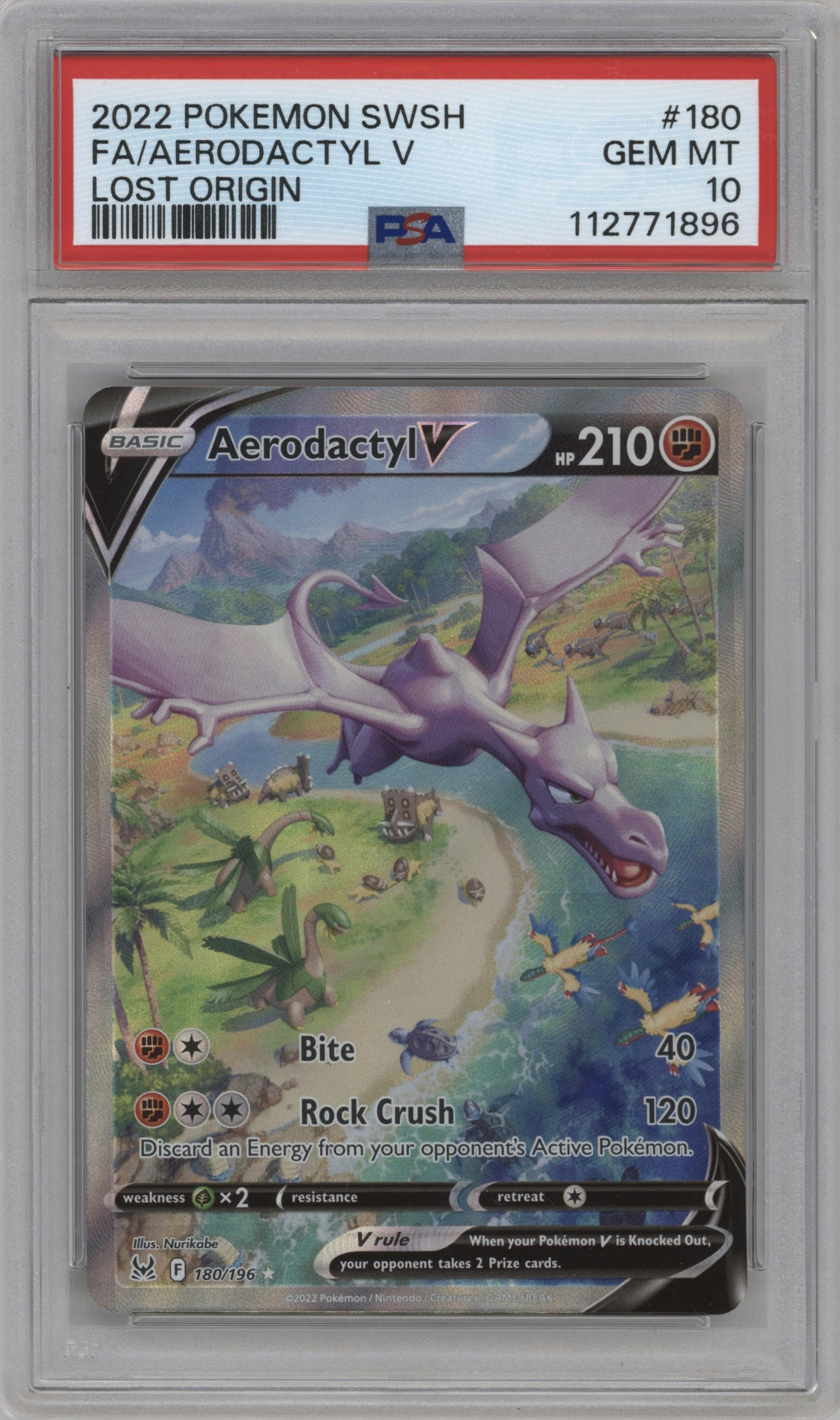 Aerodactyl V from the 2022 Pokemon SWSH set graded by PSA and given an overall grade of 10.