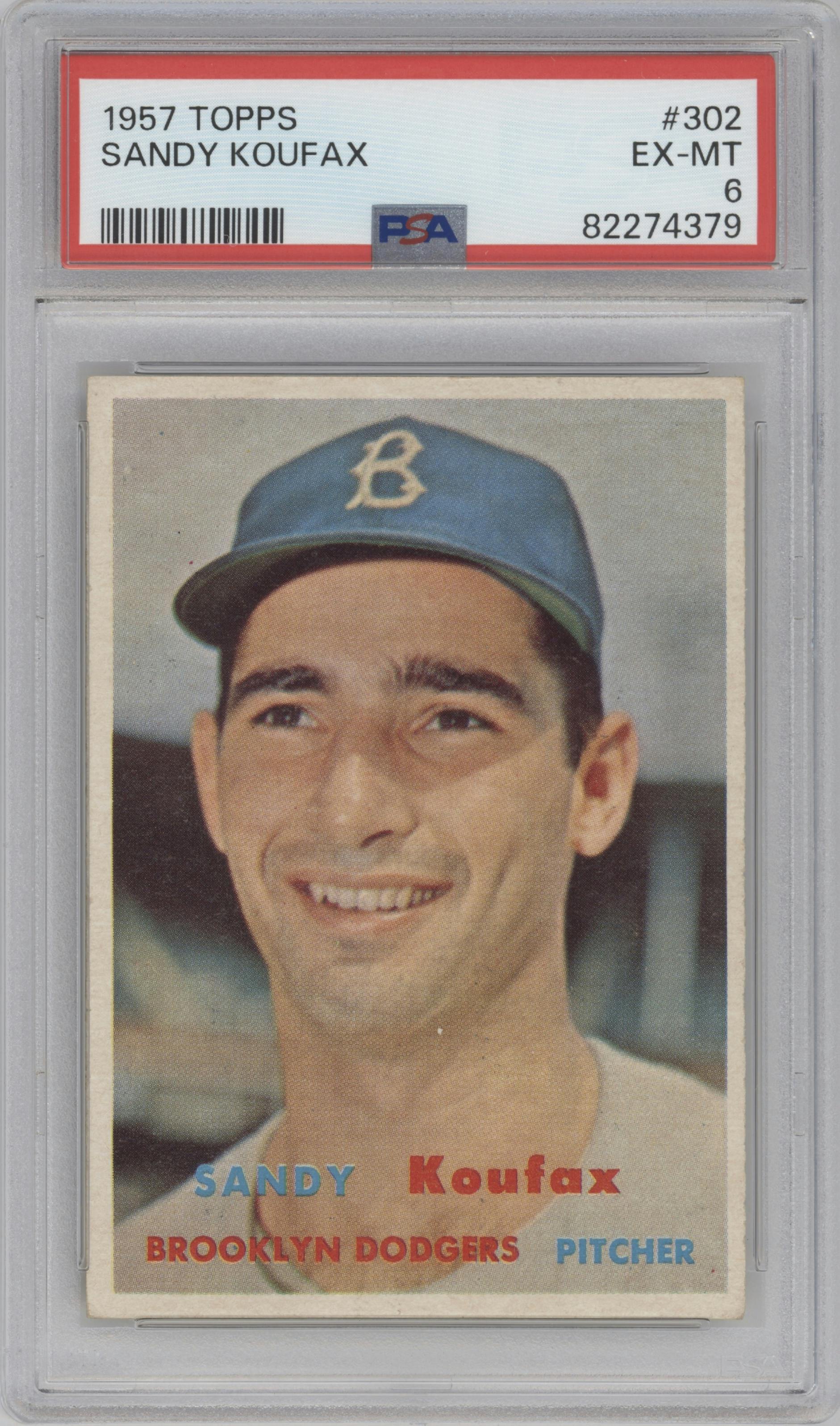 Sandy Koufax from the 1957 Topps set graded by PSA and given an overall grade of 6.