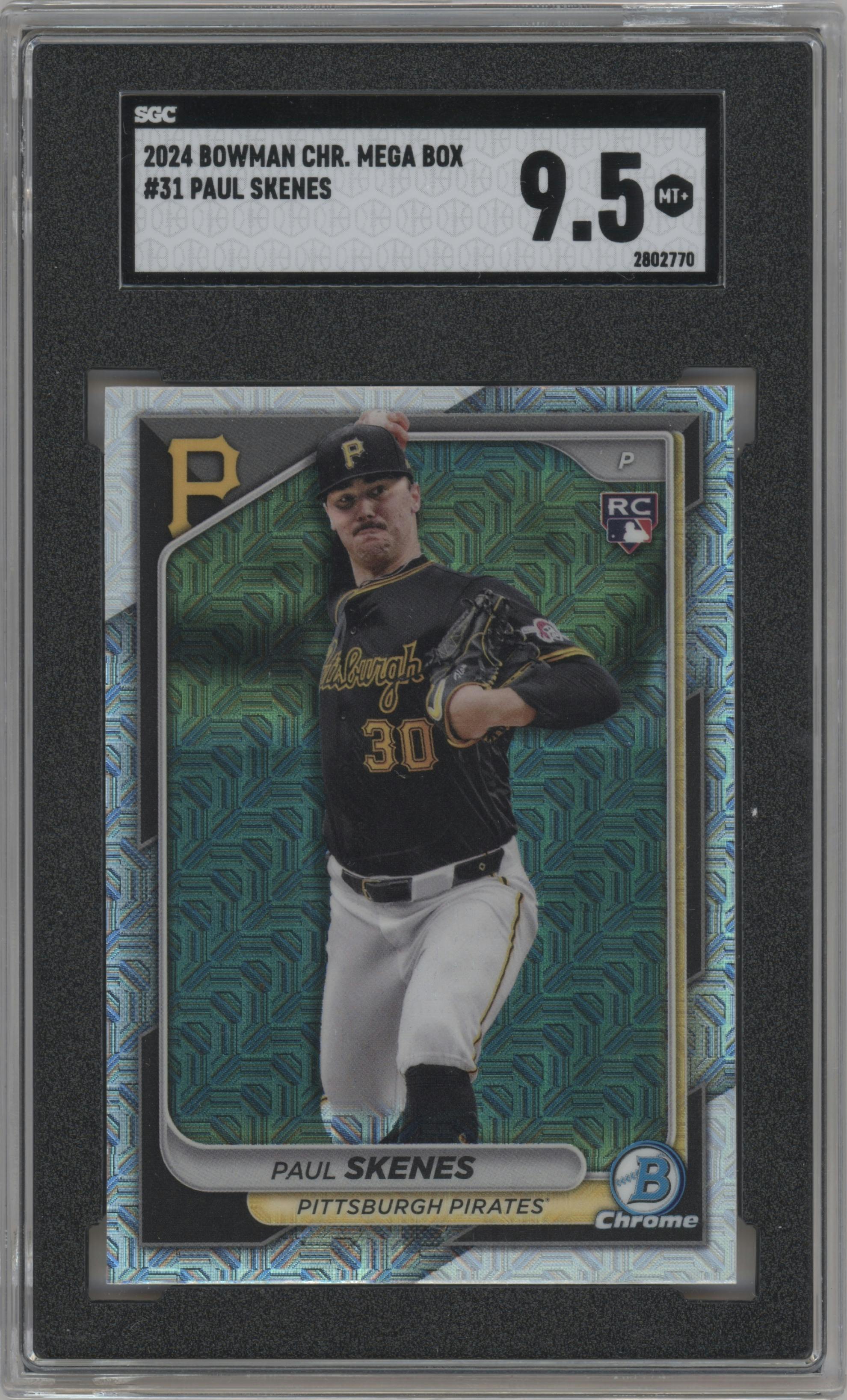 Paul Skenes from the 2024 Bowman Chrome Mega Box set graded by SGC and given an overall grade of 9.5.