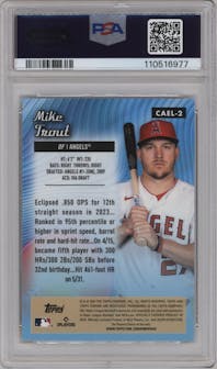 Mike Trout from the 2024 Topps Chrome Logofractor set featuring a Green Refractor parallel graded by PSA and given an overall grade of 10.