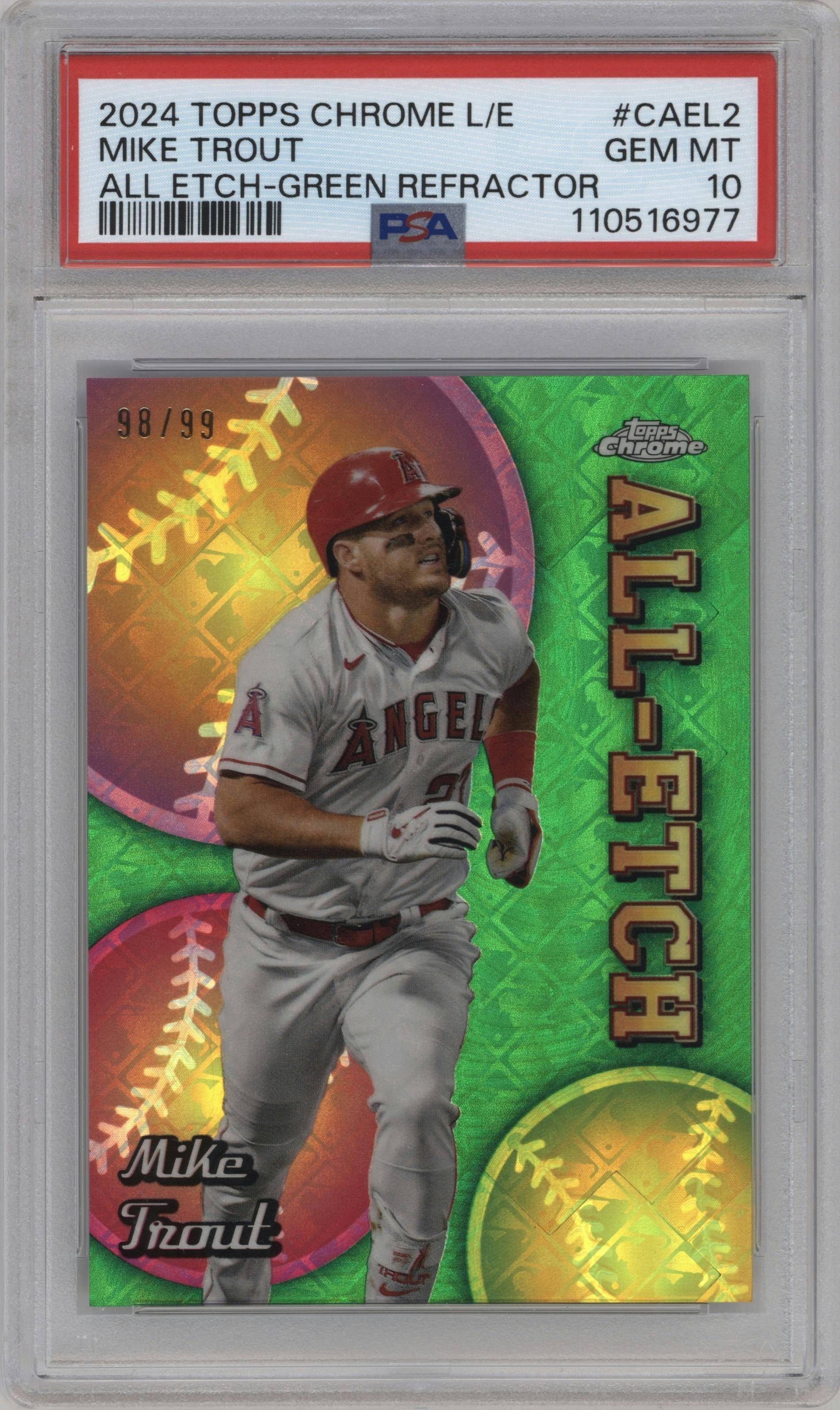 Mike Trout from the 2024 Topps Chrome Logofractor set featuring a Green Refractor parallel graded by PSA and given an overall grade of 10.