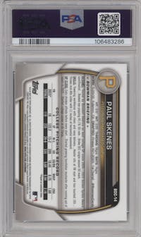 Paul Skenes from the 2023 Bowman Draft set featuring a Aqua Wave Refractor parallel graded by PSA and given an overall grade of 9.