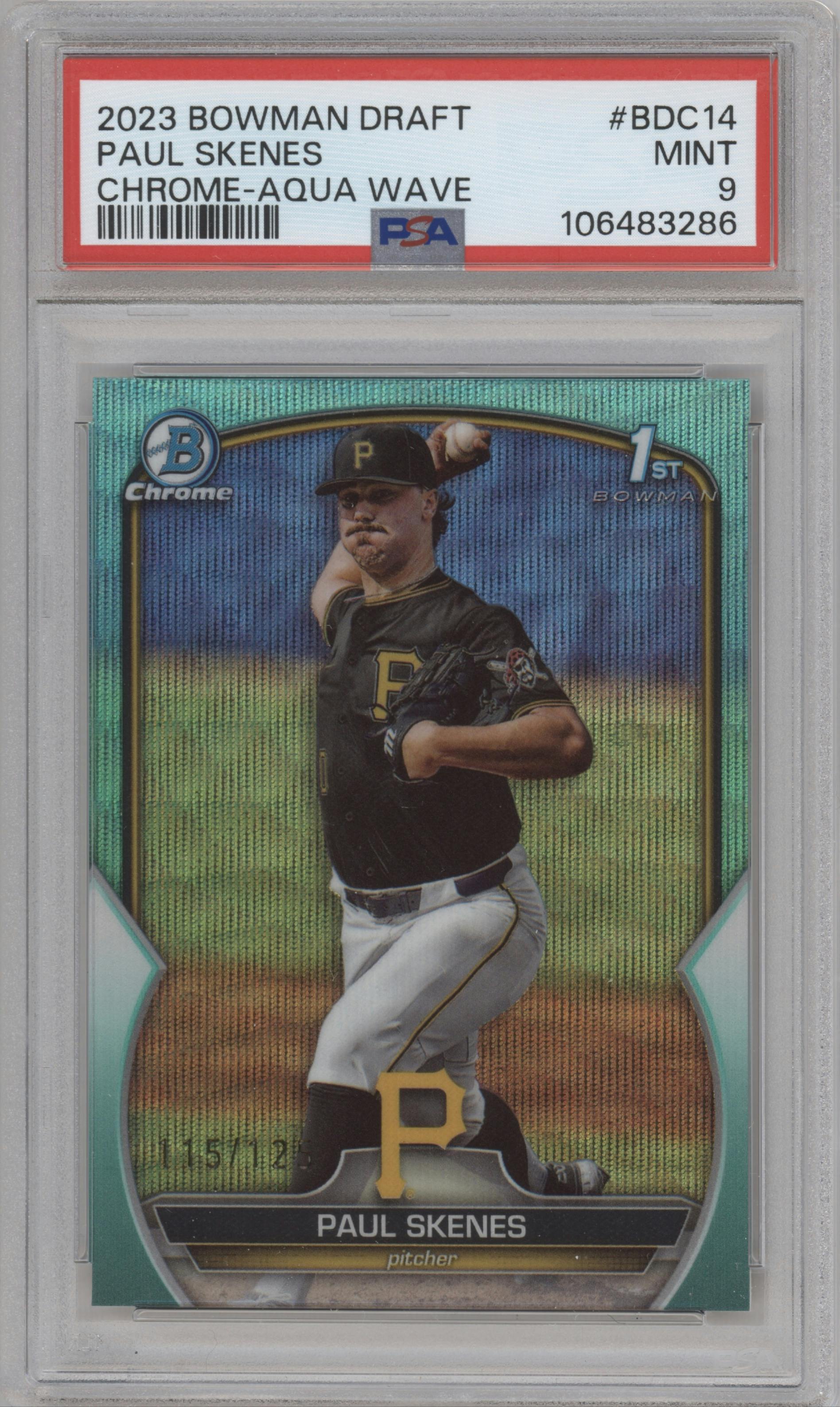 Paul Skenes from the 2023 Bowman Draft set featuring a Aqua Wave Refractor parallel graded by PSA and given an overall grade of 9.