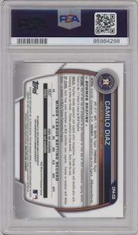 Camilo Diaz from the 2023 Bowman Chrome set featuring a HTA Choice Refractor parallel graded by PSA and given an overall grade of 9.