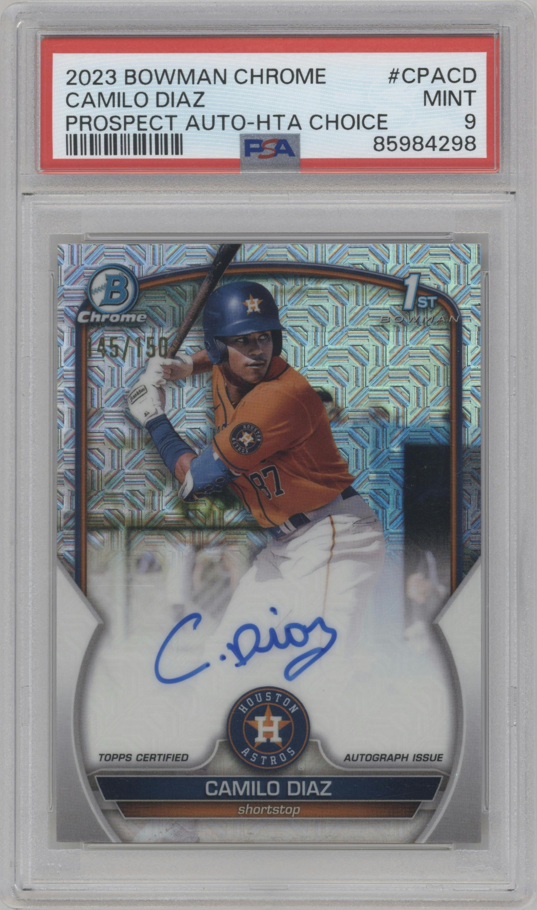 Camilo Diaz from the 2023 Bowman Chrome set featuring a HTA Choice Refractor parallel graded by PSA and given an overall grade of 9.