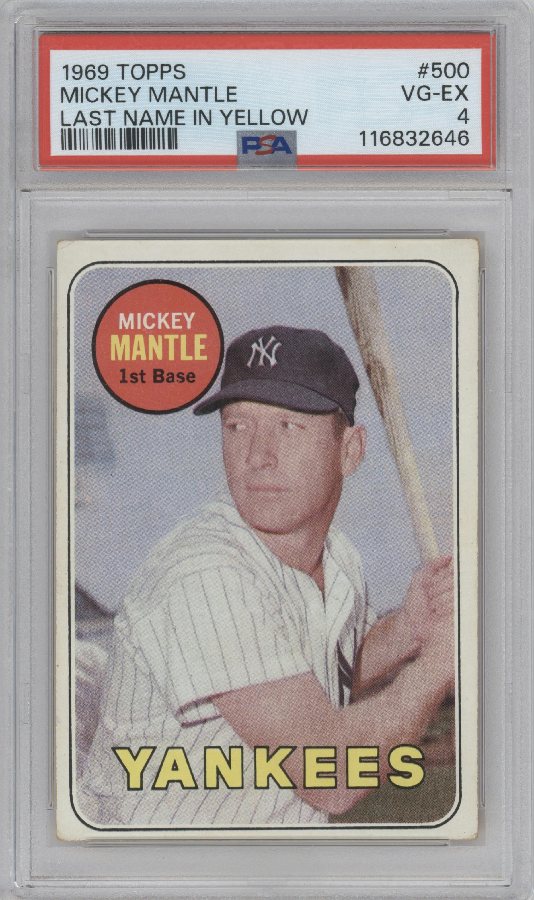 Mickey Mantle from the 1969 Topps set featuring a Last Name in Yellow parallel graded by PSA and given an overall grade of 4.