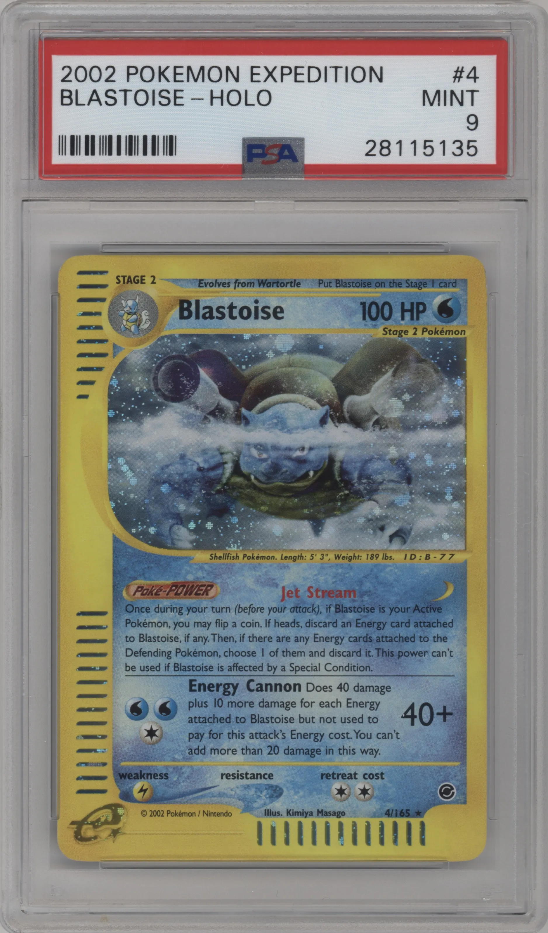 Blastoise from the 2002 Pokemon E-CARD set graded by PSA and given an overall grade of 9.