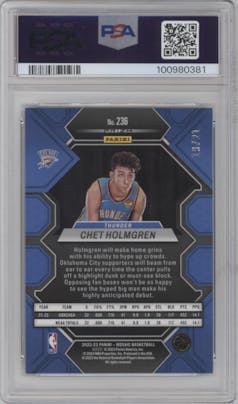 Chet Holmgren from the 2022-23 Panini Mosaic set featuring a Choice Fusion Green parallel graded by PSA and given an overall grade of 9.