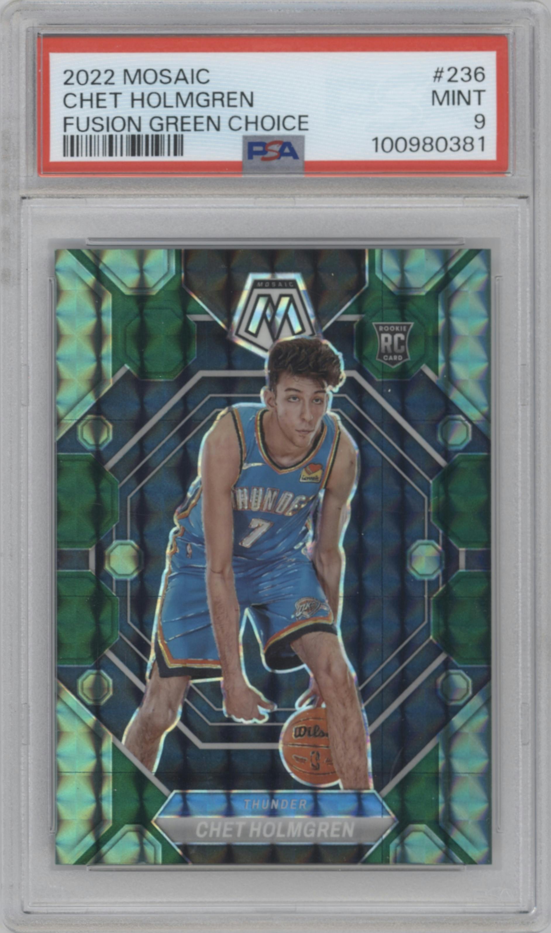 Chet Holmgren from the 2022-23 Panini Mosaic set featuring a Choice Fusion Green parallel graded by PSA and given an overall grade of 9.