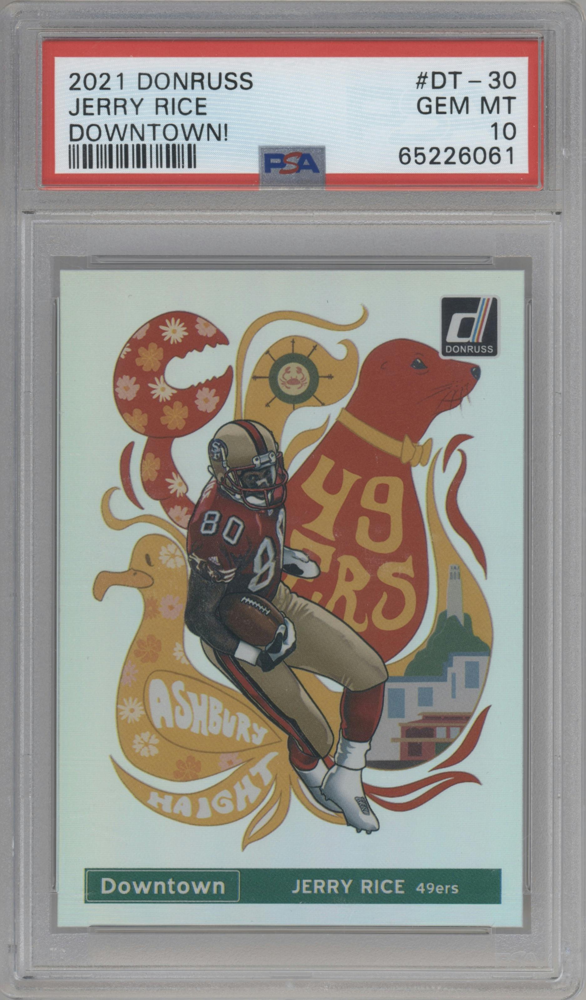 Jerry Rice from the 2021 Panini Donruss set graded by PSA and given an overall grade of 10.