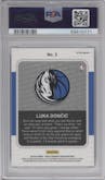Luka Doncic from the 2019-20 Panini Hoops Premium Stock set featuring a Blue parallel graded by PSA and given an overall grade of 10.