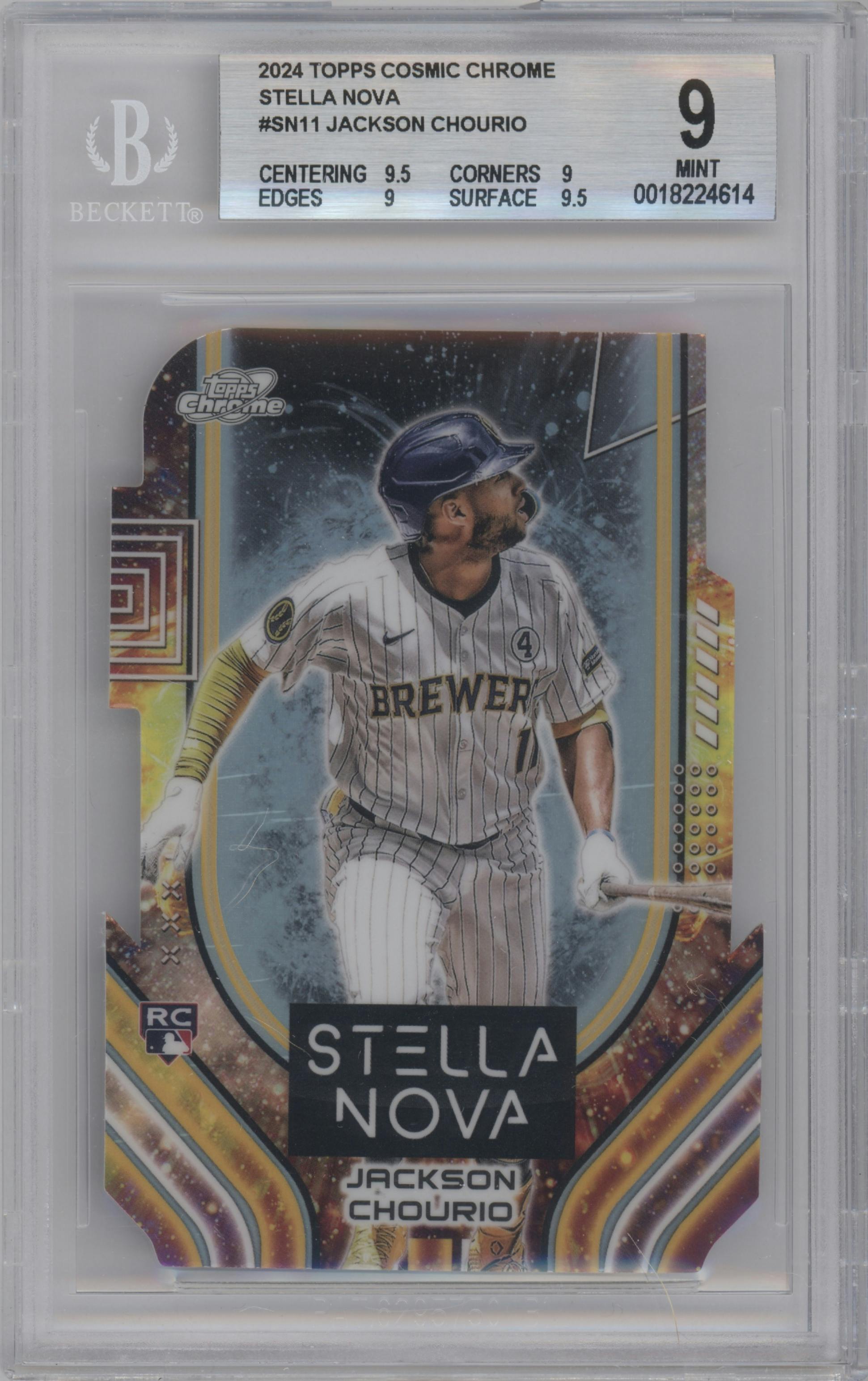 Jackson Chourio from the 2024 Topps Cosmic Chrome set graded by Beckett and given an overall grade of 9.