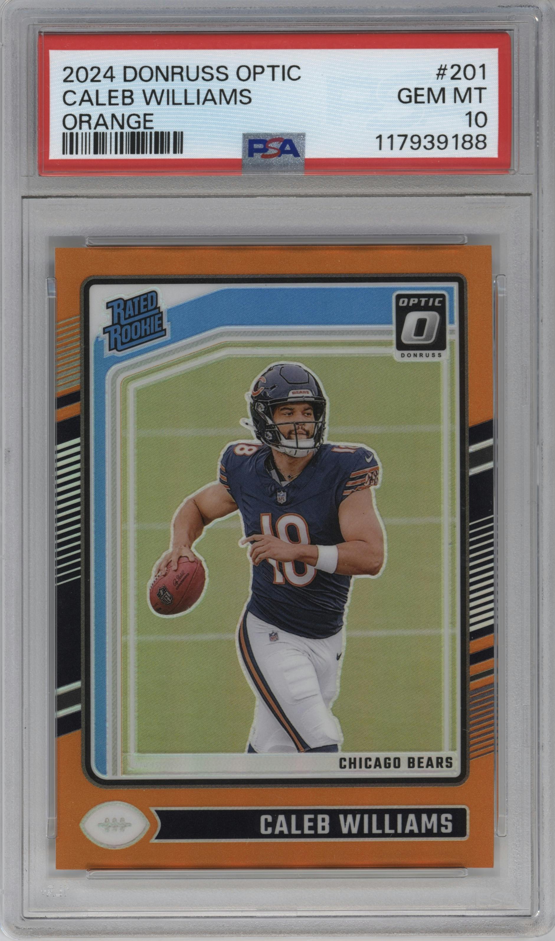 Caleb Williams from the 2024 Donruss Optic set featuring a Orange parallel graded by PSA and given an overall grade of 10.