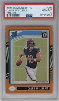 Caleb Williams from the 2024 Donruss Optic set featuring a Orange parallel graded by PSA and given an overall grade of 10.