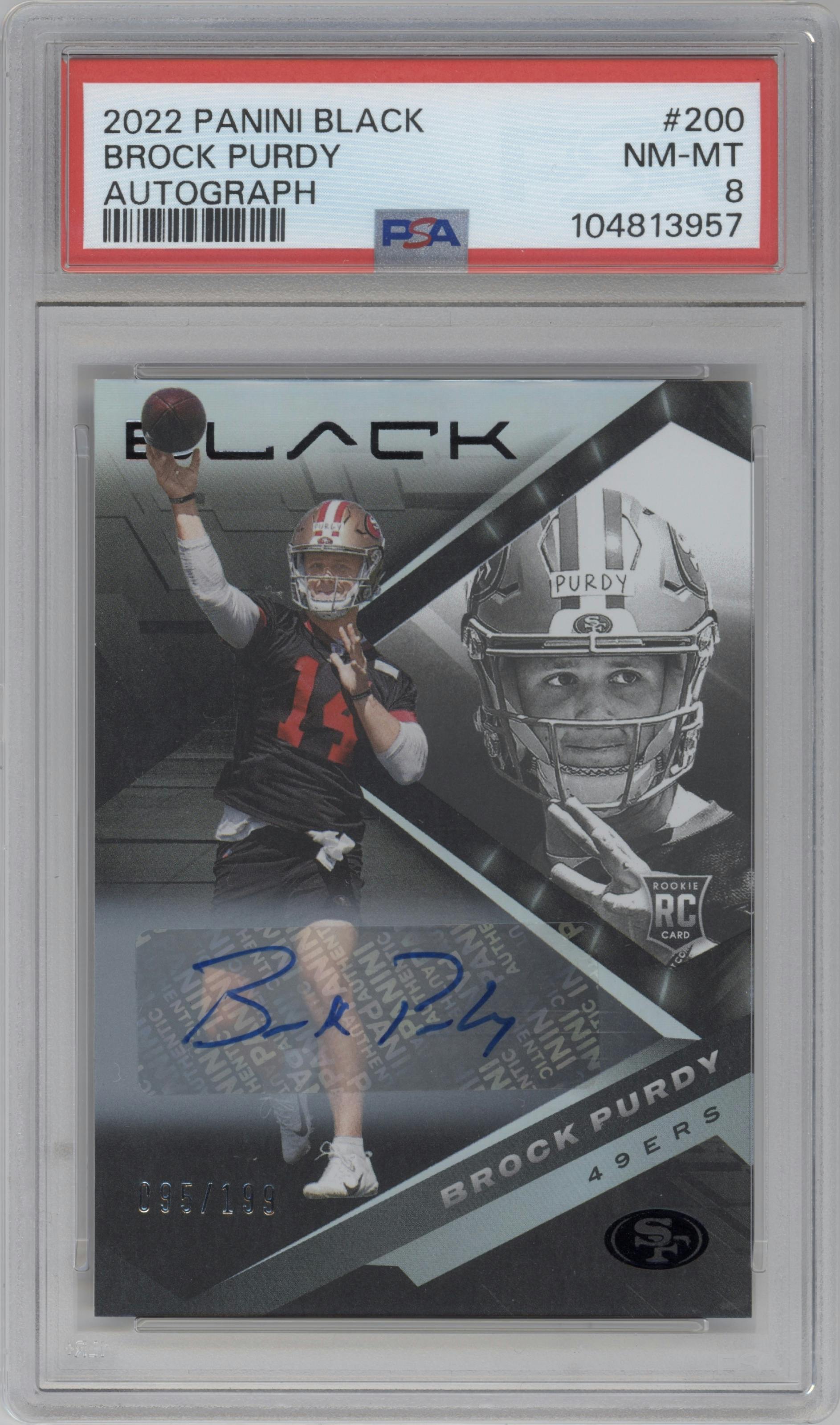 Brock Purdy  from the 2022 Panini Black set graded by PSA and given an overall grade of 8.