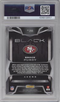 Brock Purdy  from the 2022 Panini Black set graded by PSA and given an overall grade of 8.