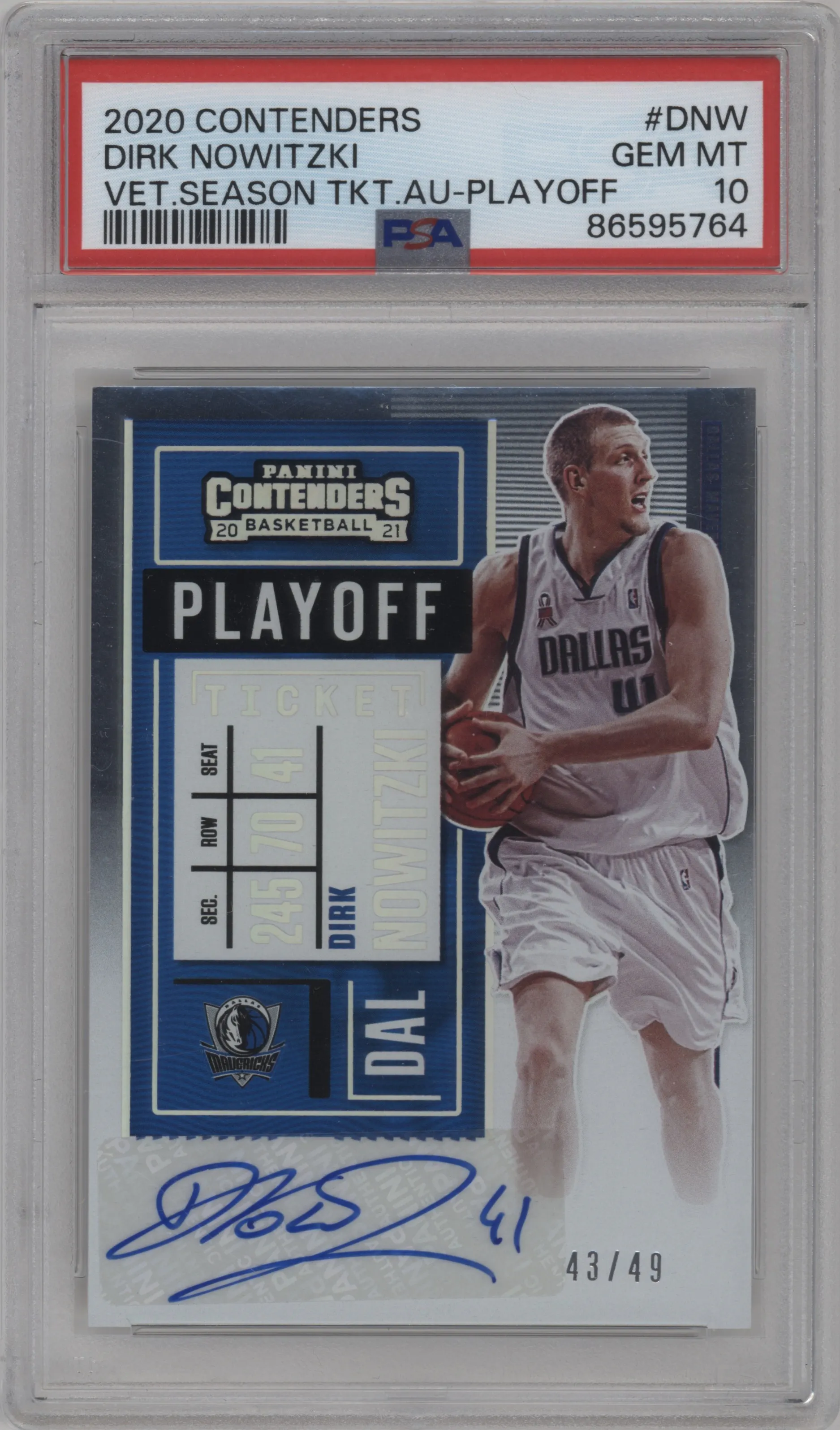 2020 Panini Contenders Vet.Season Ticket Dirk Nowitzki Playoff Ticket #VS-DNW PSA 10
