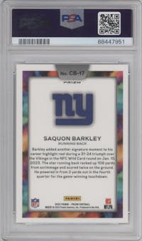 Saquon Barkley from the 2023 Panini Prizm set graded by PSA and given an overall grade of 10.