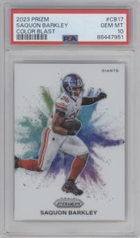 Saquon Barkley from the 2023 Panini Prizm set graded by PSA and given an overall grade of 10.