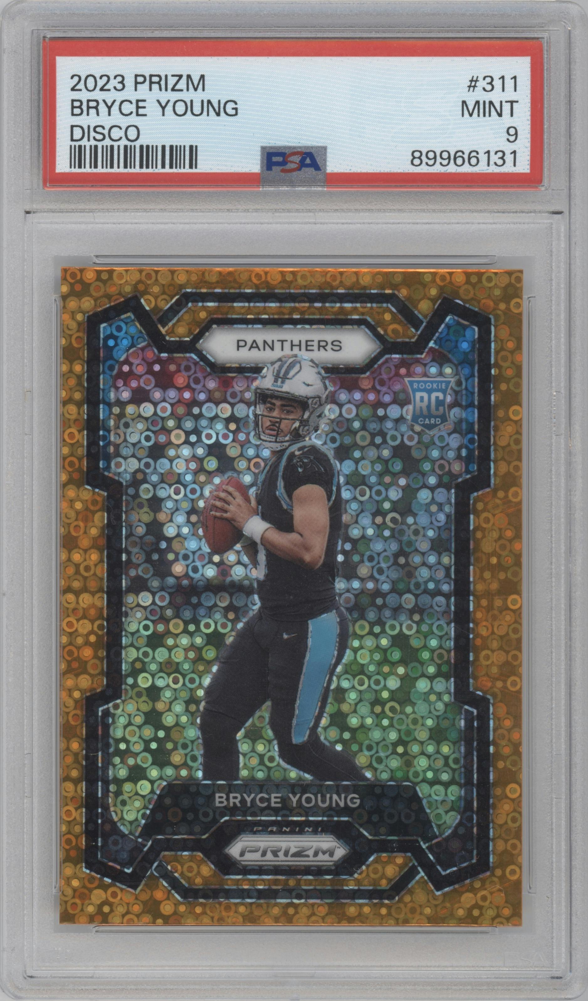 Bryce Young from the 2023 Panini Prizm set featuring a Disco parallel graded by PSA and given an overall grade of 9.