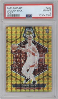 Gradey Dick from the 2023-24 Panini Mosaic set featuring a Gold Mosaic parallel graded by PSA and given an overall grade of 8.