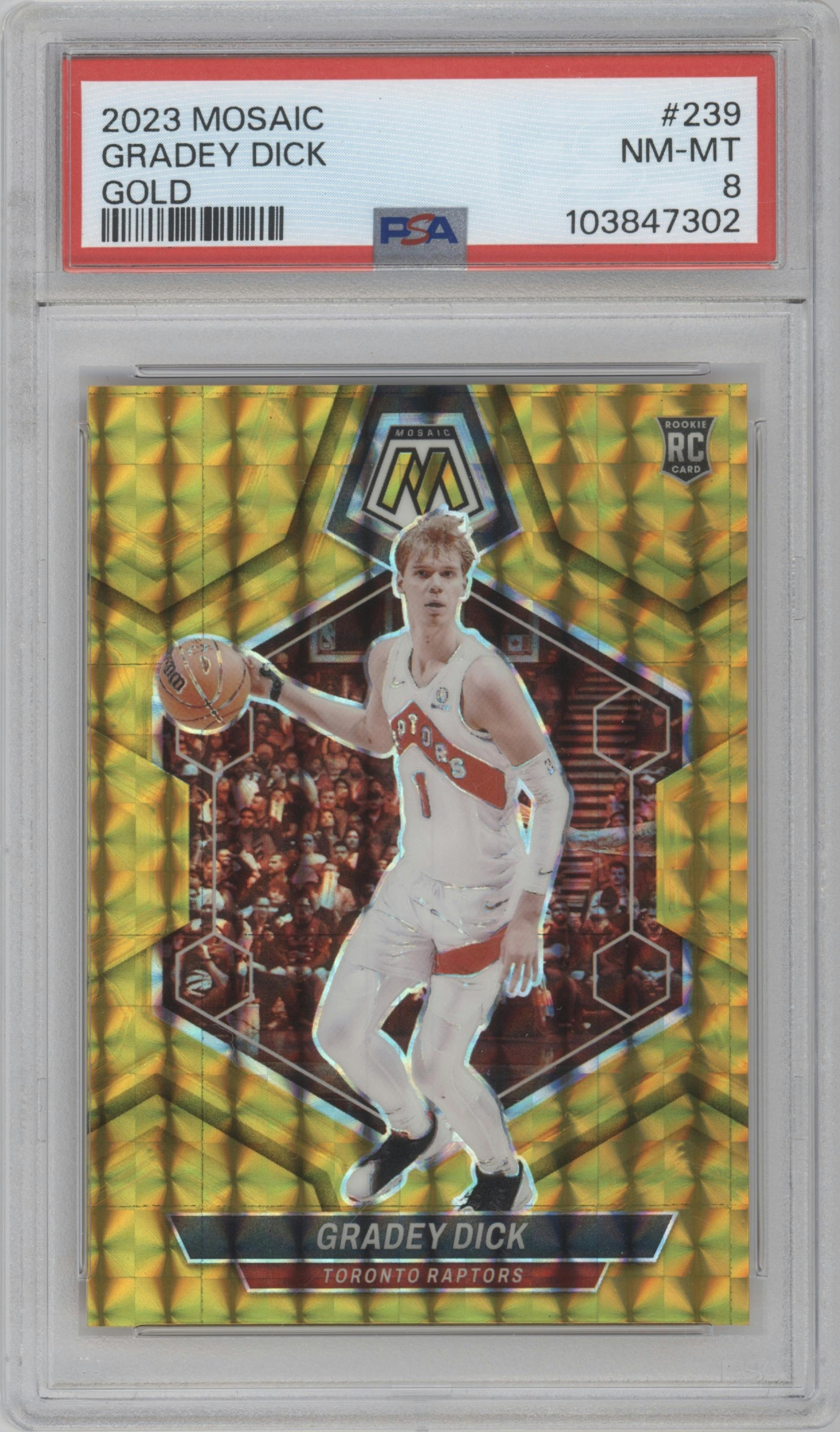 Gradey Dick from the 2023-24 Panini Mosaic set featuring a Gold Mosaic parallel graded by PSA and given an overall grade of 8.