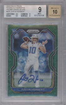 Justin Herbert from the 2020 Panini Prizm set featuring a Green Scope parallel graded by Beckett and given an overall grade of 9.