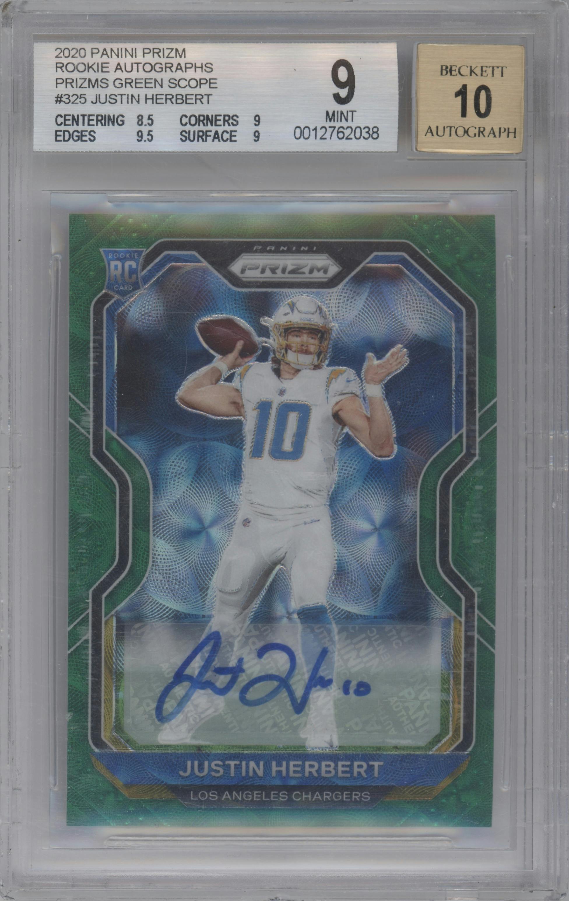 Justin Herbert from the 2020 Panini Prizm set featuring a Green Scope parallel graded by Beckett and given an overall grade of 9.