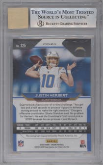 Justin Herbert from the 2020 Panini Prizm set featuring a Green Scope parallel graded by Beckett and given an overall grade of 9.